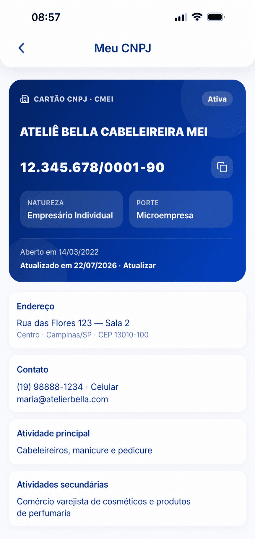 Tela de informações do CNPJ no cMEI