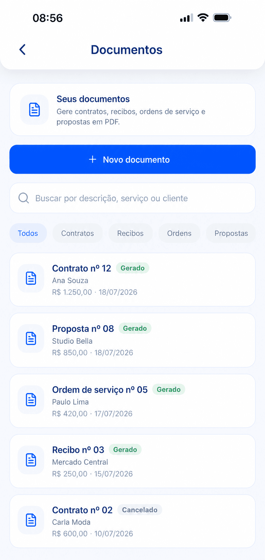 Tela de documentos do cMEI com contratos, propostas, ordens e recibos